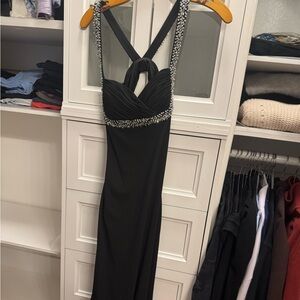 Elegant Black Evening Gown with Crystal Trim